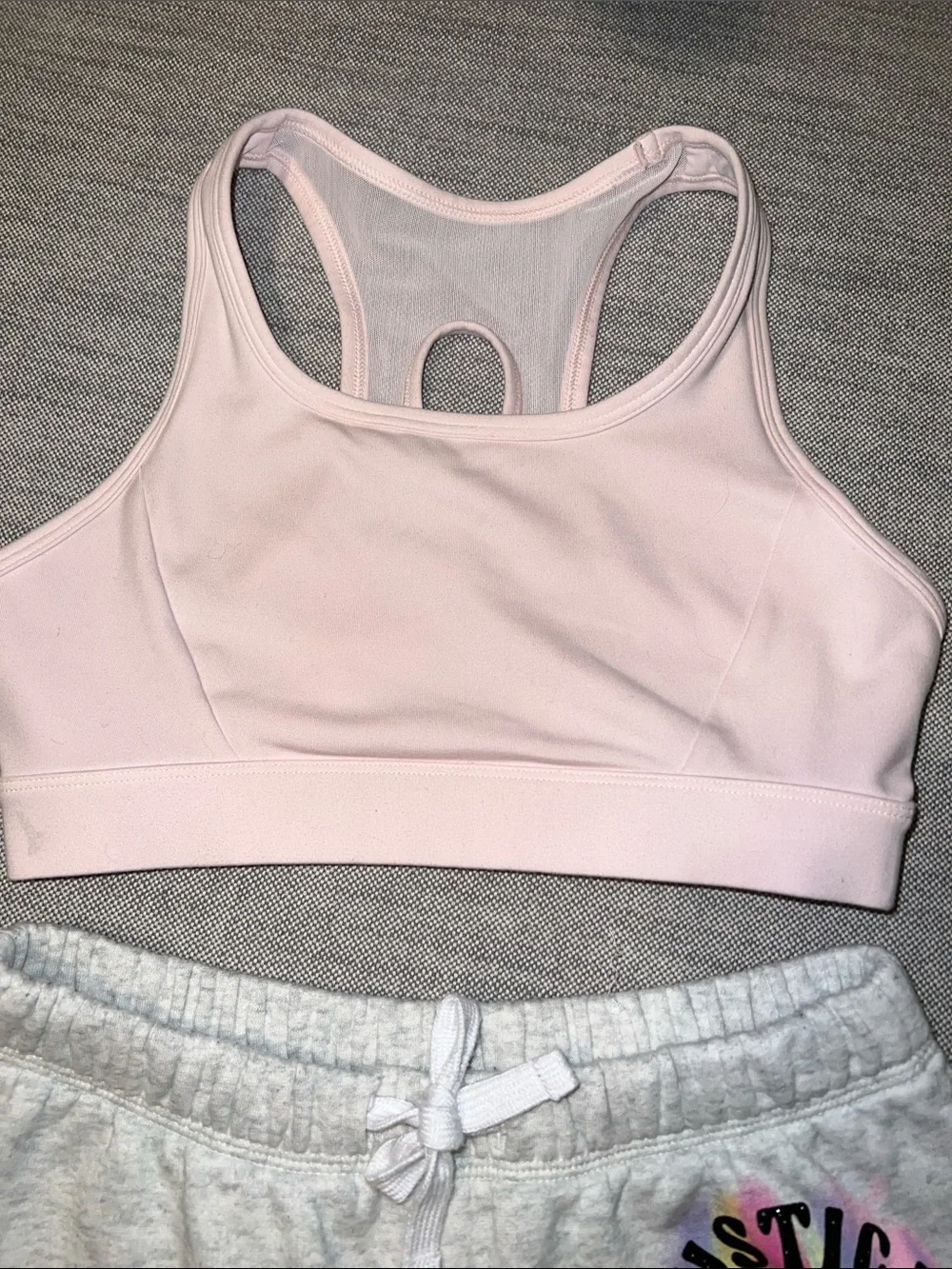 Justice Light Pink Sports Bra with Gray Shorts and Rainbow Logo
